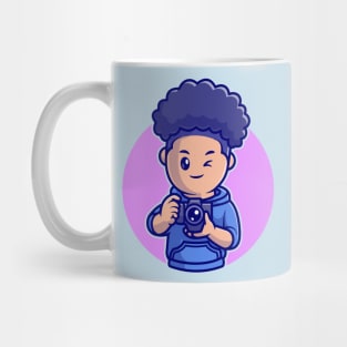 Cute Boy Photographer Holding Camera Cartoon Mug